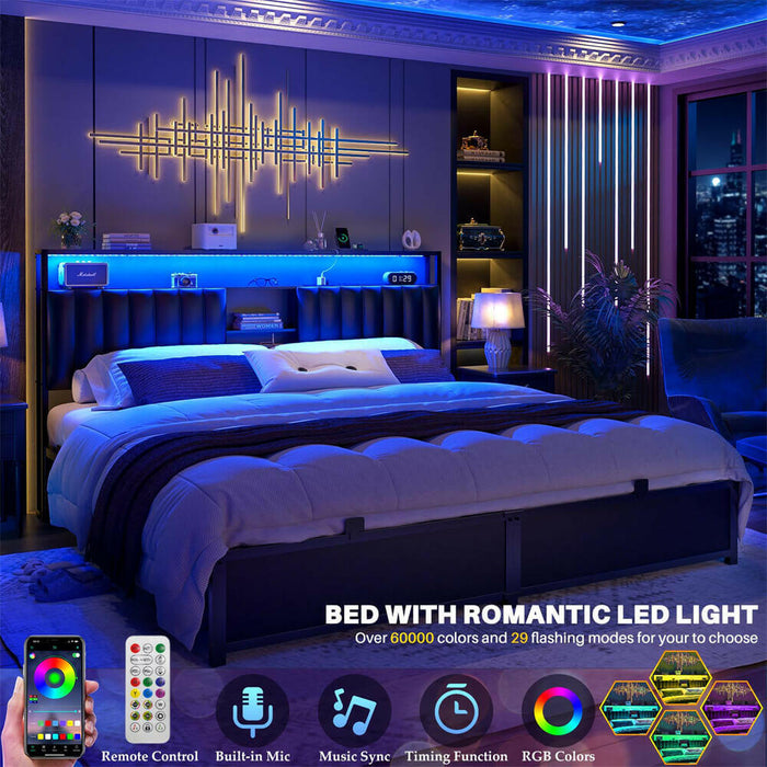 King Size Bed Frame with Power Outlets & LED Lights, With Open Bookcase Storage