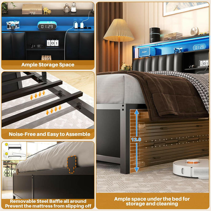 King Size Bed Frame with Power Outlets & LED Lights, With Open Bookcase Storage