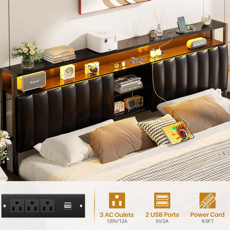 King Size Bed Frame with Power Outlets & LED Lights, With Open Bookcase Storage