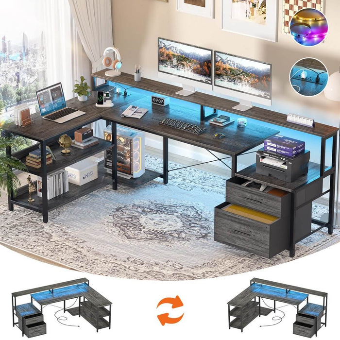 72.8'' Reversible L Shaped Desk with Outlets & LED Light, with File Drawers and Monitor Stand