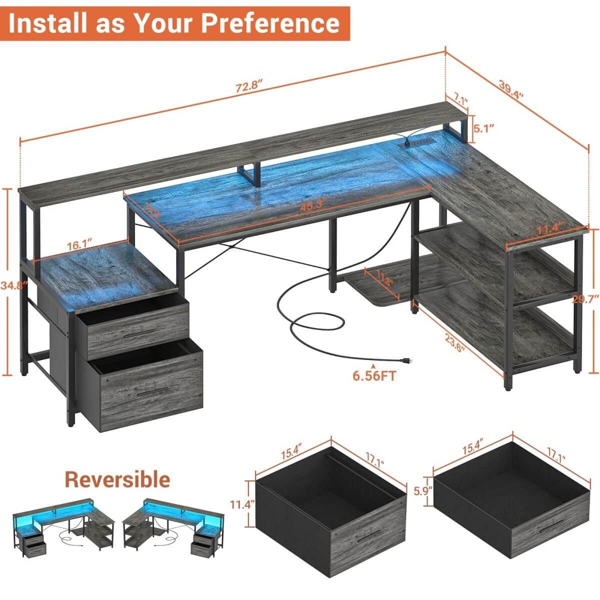 Aheaplus Reversible L Shaped Desk with Outlets & LED Light, with
