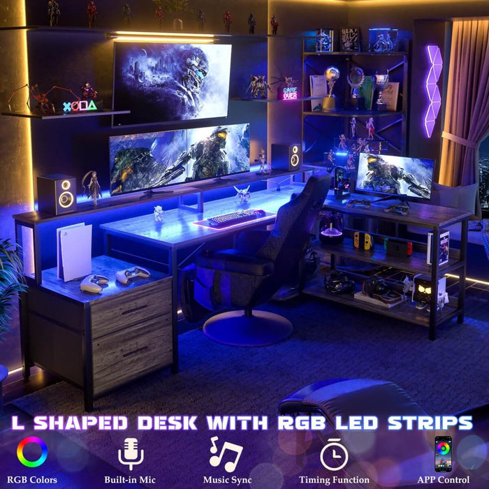 72.8'' Reversible L Shaped Desk with Outlets & LED Light, with File Drawers and Monitor Stand