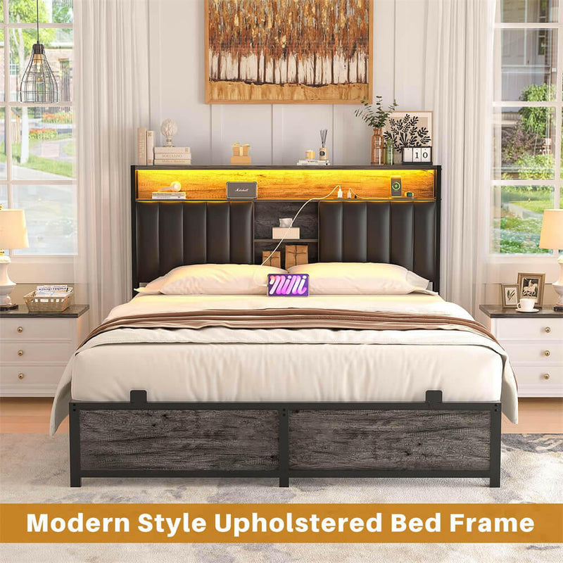 Full Size Bed Frame with Power Outlets & LED Lights, With Open Bookcase Storage