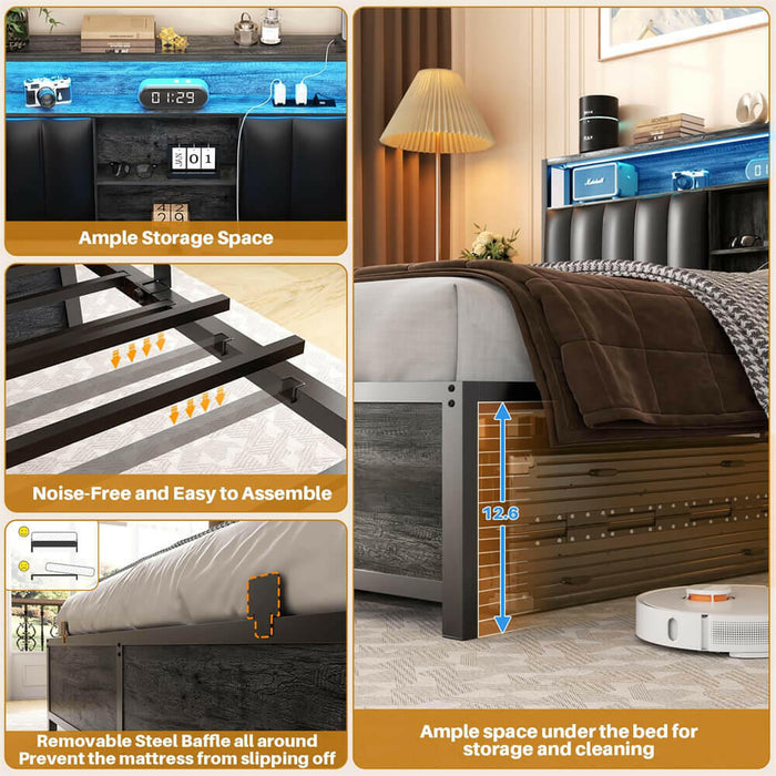 Full Size Bed Frame with Power Outlets & LED Lights, With Open Bookcase Storage