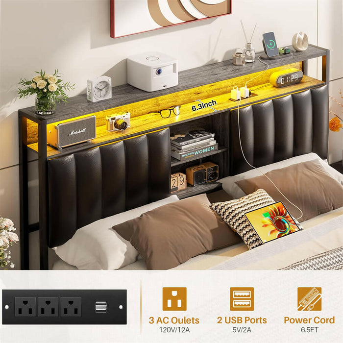 Full Size Bed Frame with Power Outlets & LED Lights, With Open Bookcase Storage