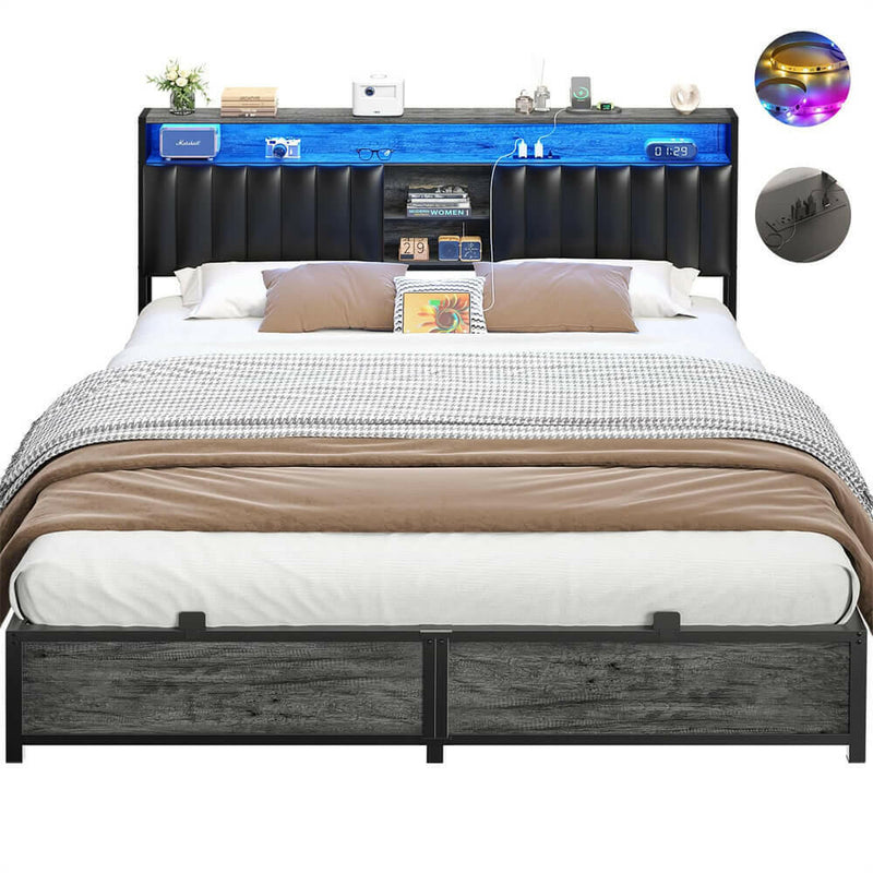 King Size Bed Frame with Power Outlets & LED Lights, With Open Bookcase Storage