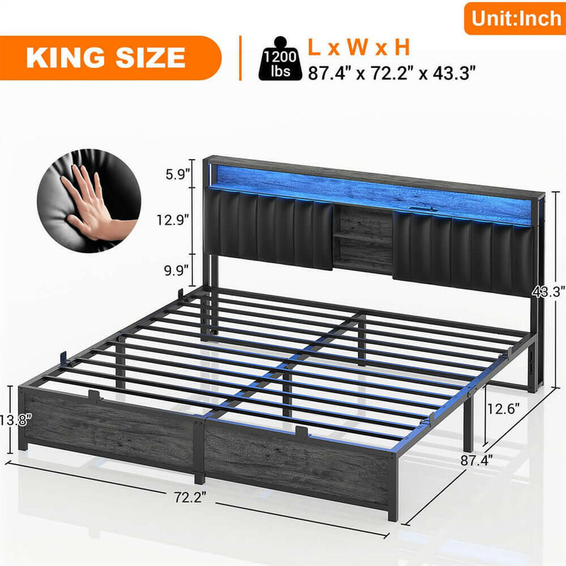 King Size Bed Frame with Power Outlets & LED Lights, With Open Bookcase Storage