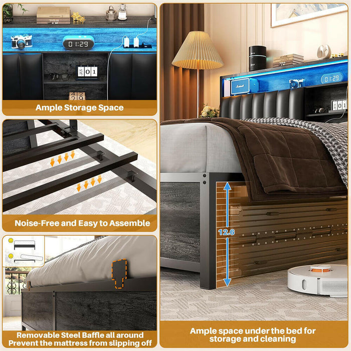 King Size Bed Frame with Power Outlets & LED Lights, With Open Bookcase Storage