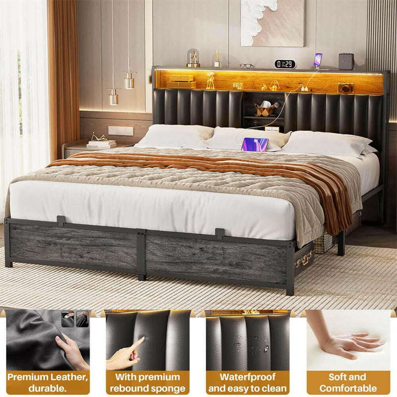 King Size Bed Frame with Power Outlets & LED Lights, With Open Bookcase Storage