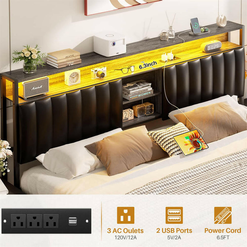 King Size Bed Frame with Power Outlets & LED Lights, With Open Bookcase Storage