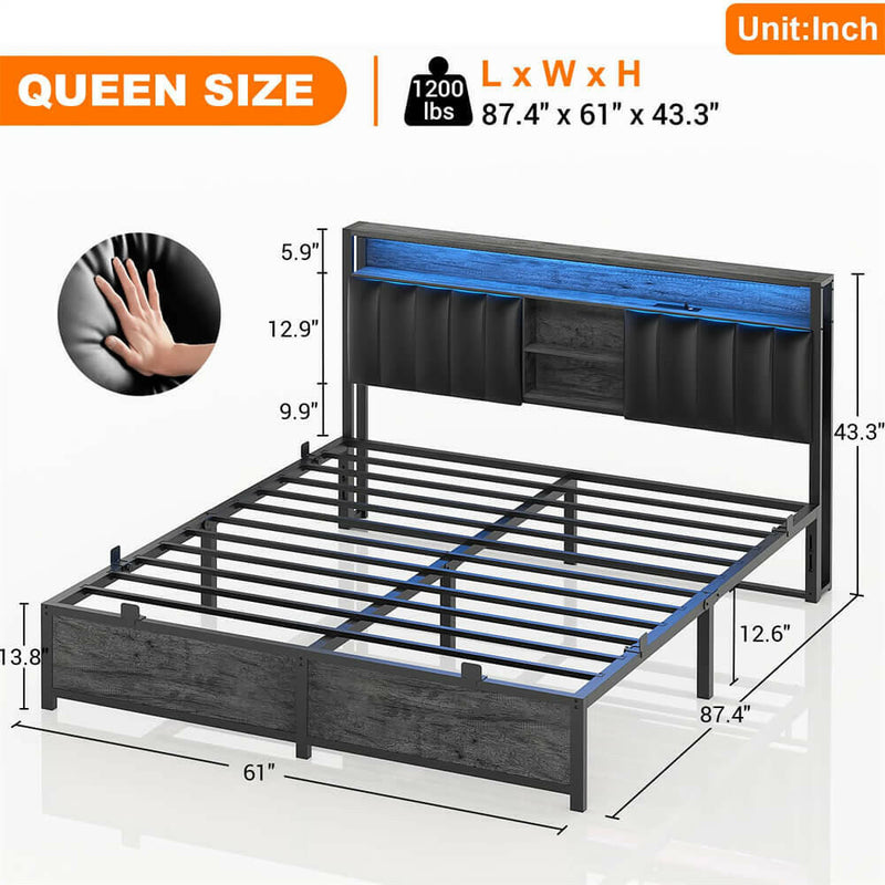 Queen Size Bed Frame with Power Outlets & LED Lights, With Open Bookcase Storage