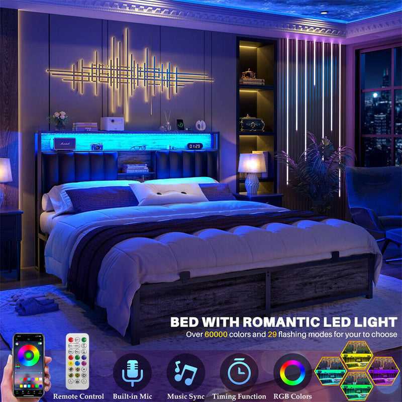 Queen Size Bed Frame with Power Outlets & LED Lights, With Open Bookcase Storage