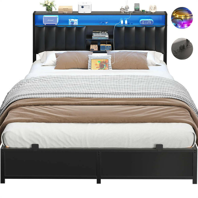 Queen Size Bed Frame with Power Outlets & LED Lights, With Open Bookcase Storage
