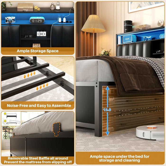 Queen Size Bed Frame with Power Outlets & LED Lights, With Open Bookcase Storage