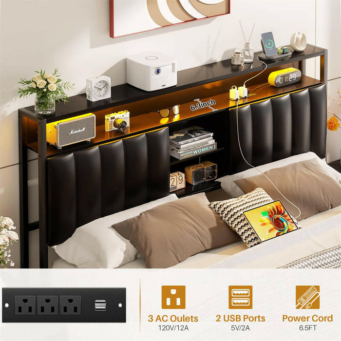 Queen Size Bed Frame with Power Outlets & LED Lights, With Open Bookcase Storage