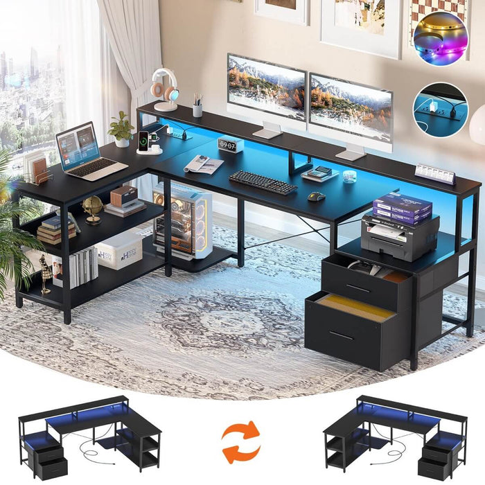 67'' L Shaped Desk with Drawer, Power Outlets & LED Strip, Reversible