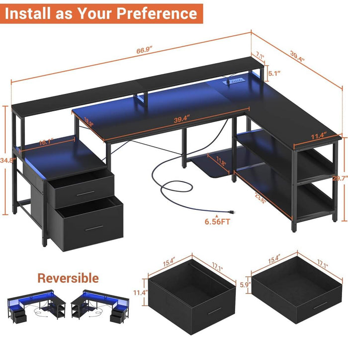 67'' L Shaped Desk with Drawer, Power Outlets & LED Strip, Reversible