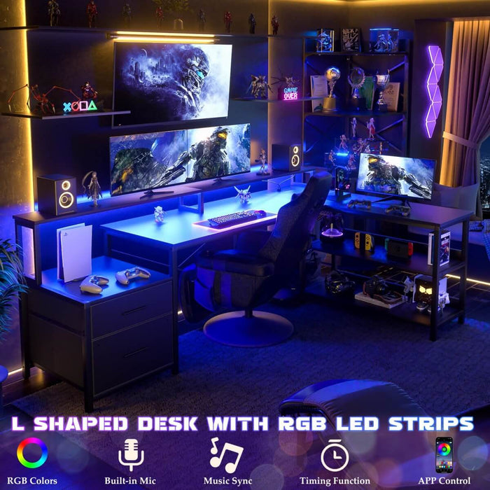 67'' L Shaped Desk with Drawer, Power Outlets & LED Strip, Reversible