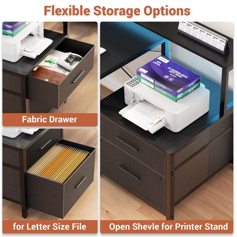 67'' L Shaped Desk with Drawer, Power Outlets & LED Strip, Reversible