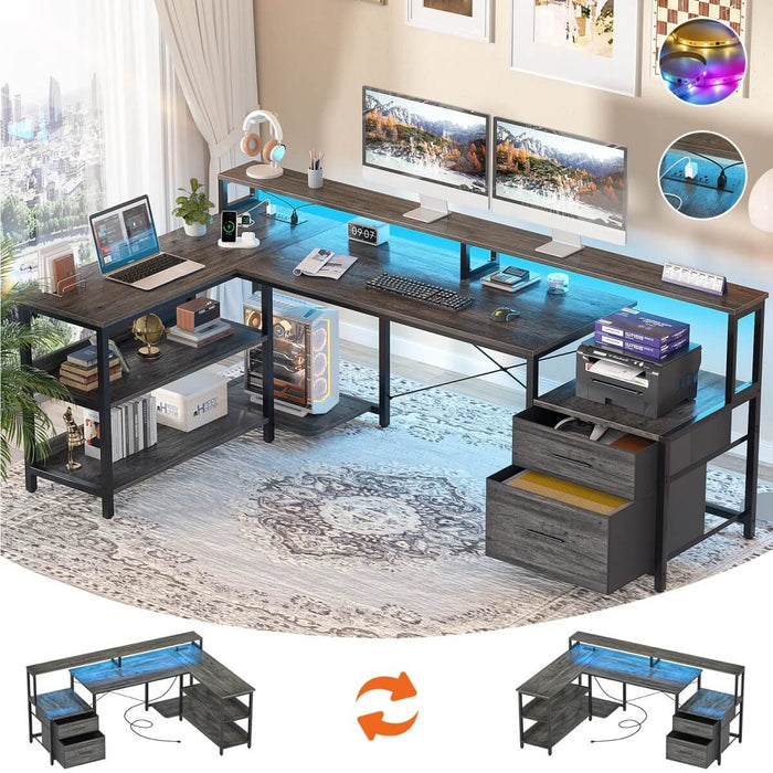 67'' L Shaped Desk with Drawer, Power Outlets & LED Strip, Reversible