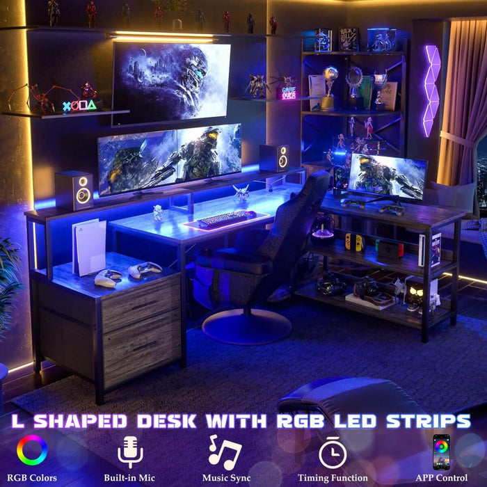 67'' L Shaped Desk with Drawer, Power Outlets & LED Strip, Reversible