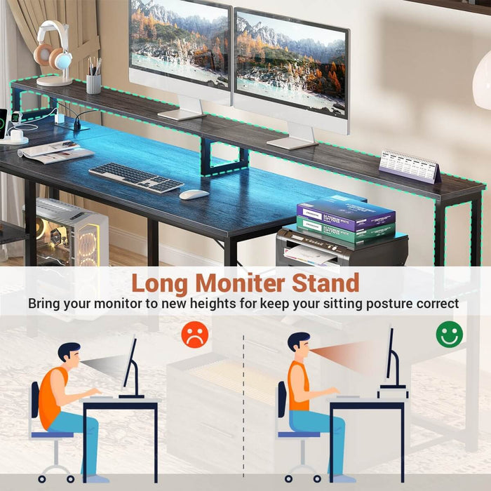 67'' L Shaped Desk with Drawer, Power Outlets & LED Strip, Reversible