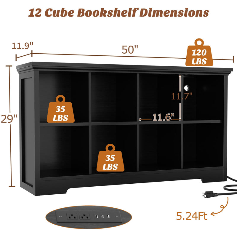 8-Cube Organizer, 50'' Width Cube Bookcase with Power Outlet and 9 Open Storage Shelves