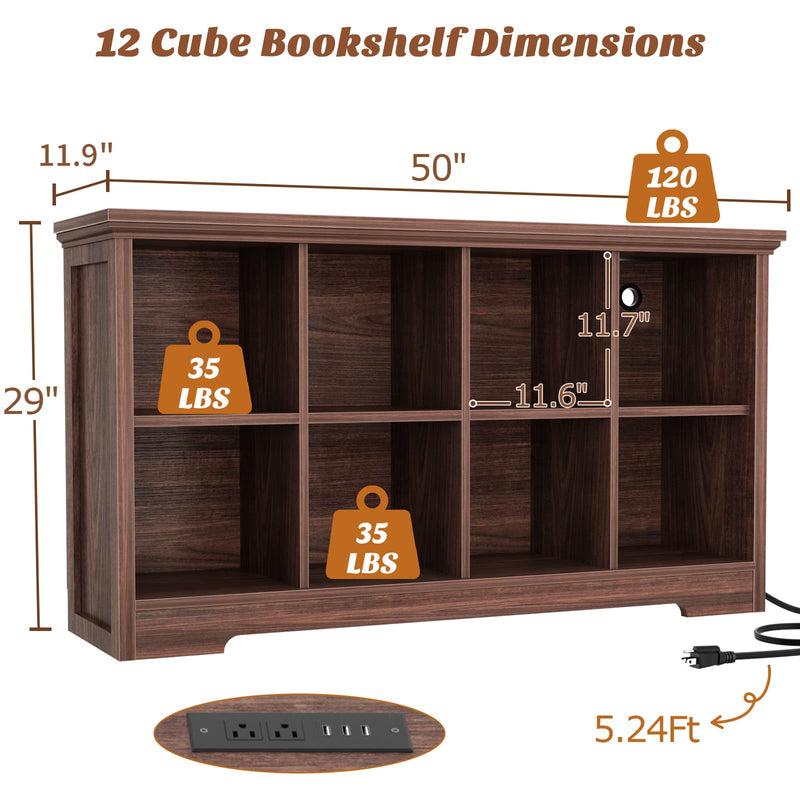 8-Cube Organizer, 50'' Width Cube Bookcase with Power Outlet and 9 Open Storage Shelves