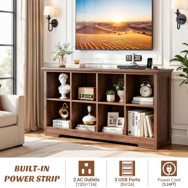 8-Cube Organizer, 50'' Width Cube Bookcase with Power Outlet and 9 Open Storage Shelves