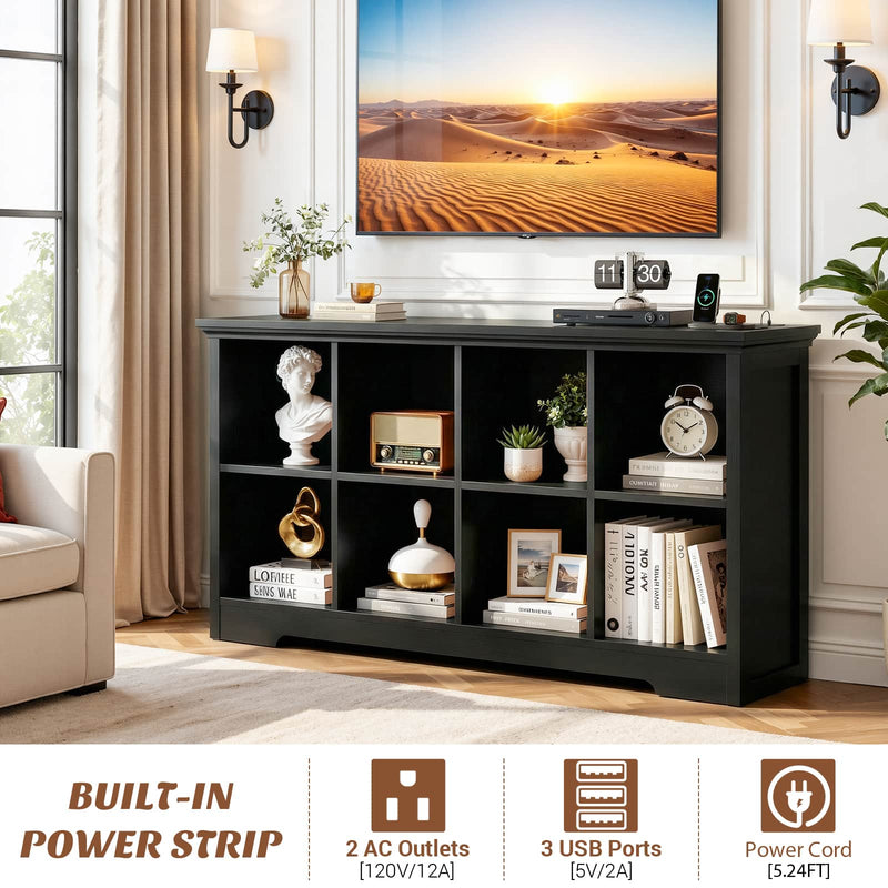8-Cube Organizer, 50'' Width Cube Bookcase with Power Outlet and 9 Open Storage Shelves