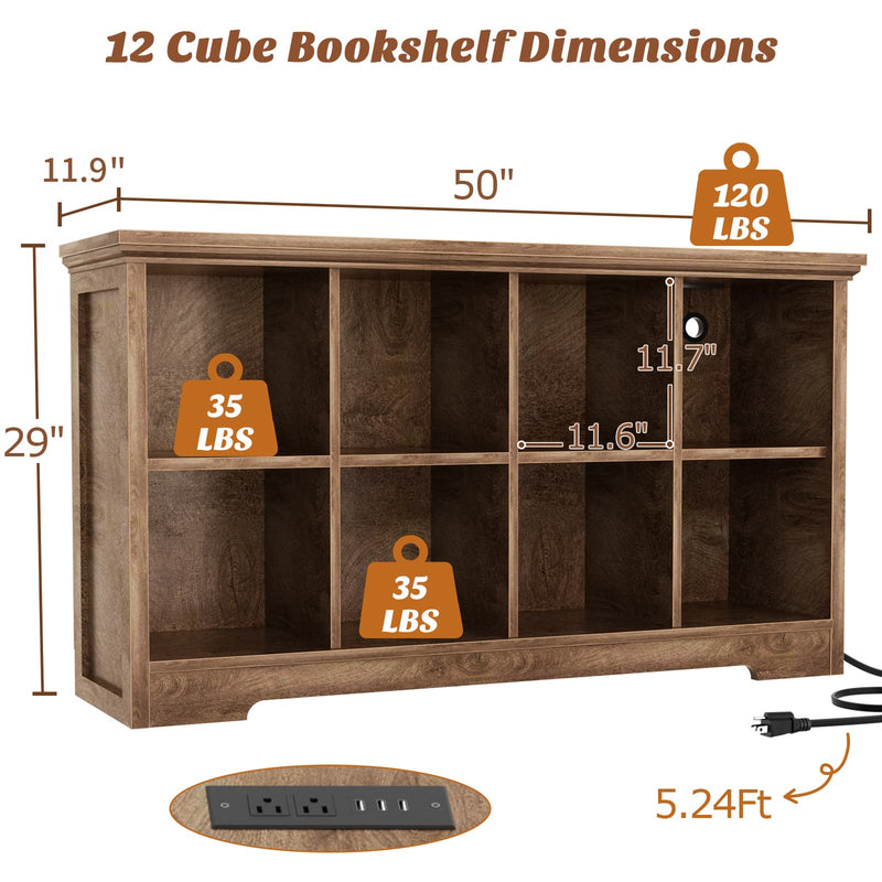 8-Cube Organizer, 50'' Width Cube Bookcase with Power Outlet and 9 Open Storage Shelves