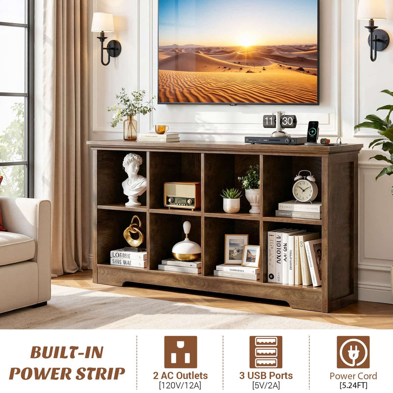 8-Cube Organizer, 50'' Width Cube Bookcase with Power Outlet and 9 Open Storage Shelves