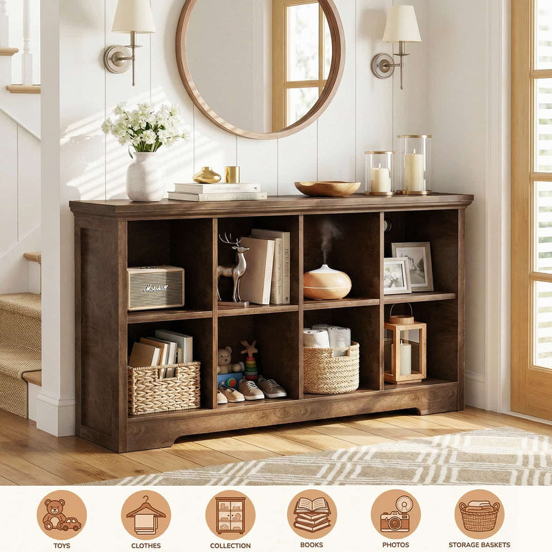 8-Cube Organizer, 50'' Width Cube Bookcase with Power Outlet and 9 Open Storage Shelves