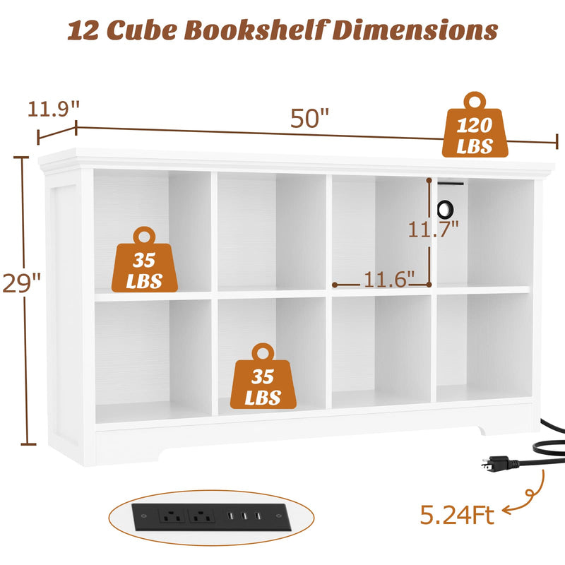 8-Cube Organizer, 50'' Width Cube Bookcase with Power Outlet and 9 Open Storage Shelves