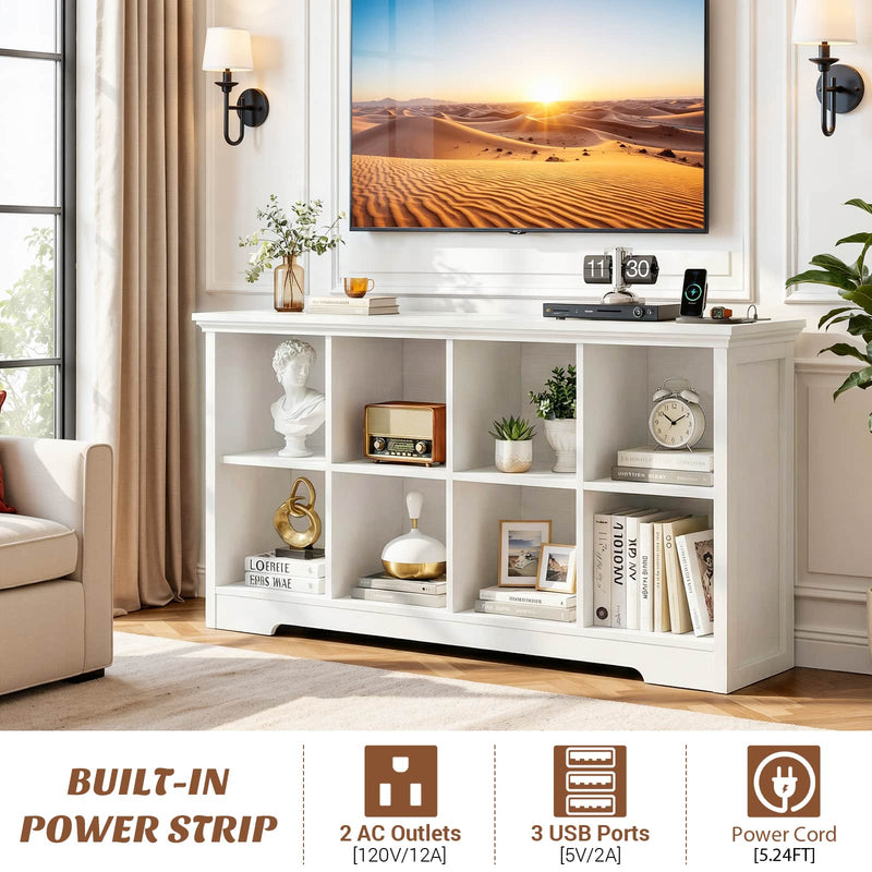 8-Cube Organizer, 50'' Width Cube Bookcase with Power Outlet and 9 Open Storage Shelves