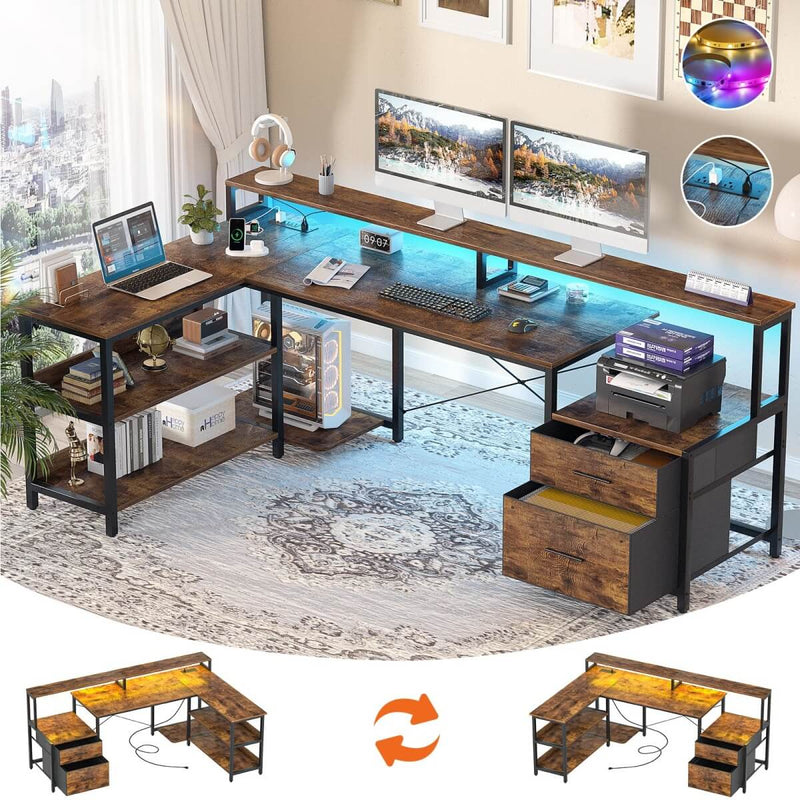 67'' L Shaped Desk with Drawer, Power Outlets & LED Strip, Reversible