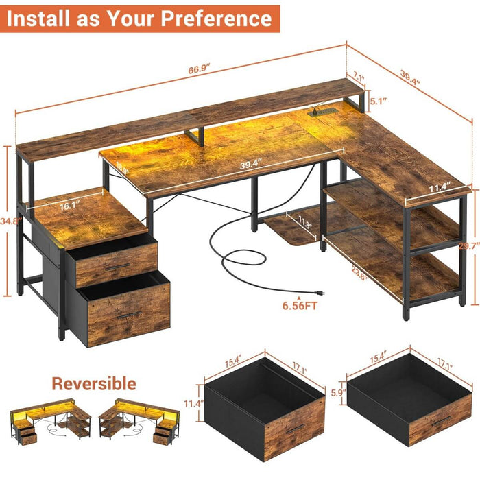 67'' L Shaped Desk with Drawer, Power Outlets & LED Strip, Reversible