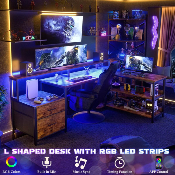 67'' L Shaped Desk with Drawer, Power Outlets & LED Strip, Reversible
