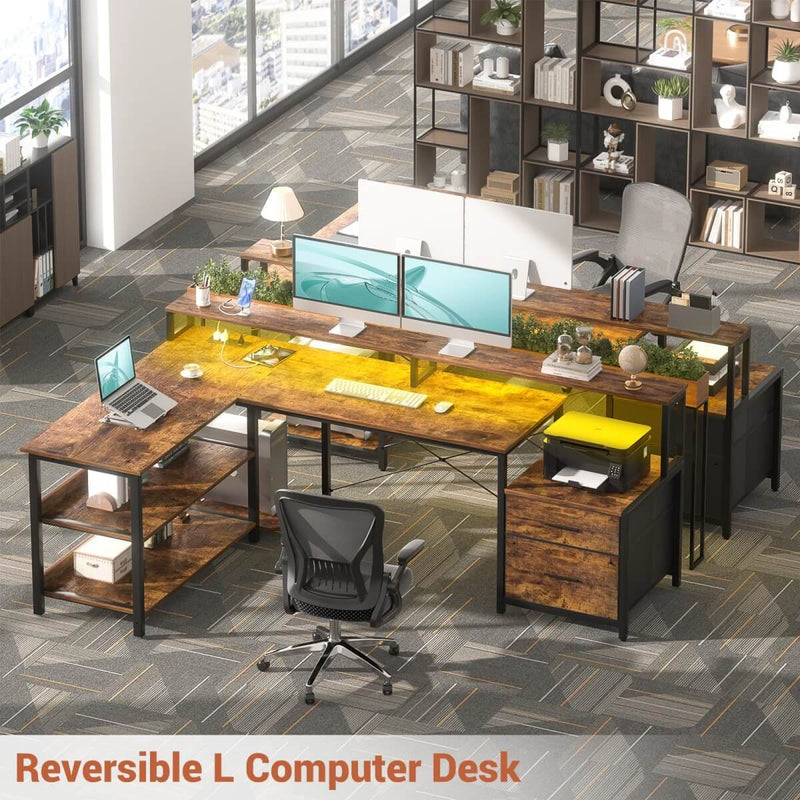 67'' L Shaped Desk with Drawer, Power Outlets & LED Strip, Reversible
