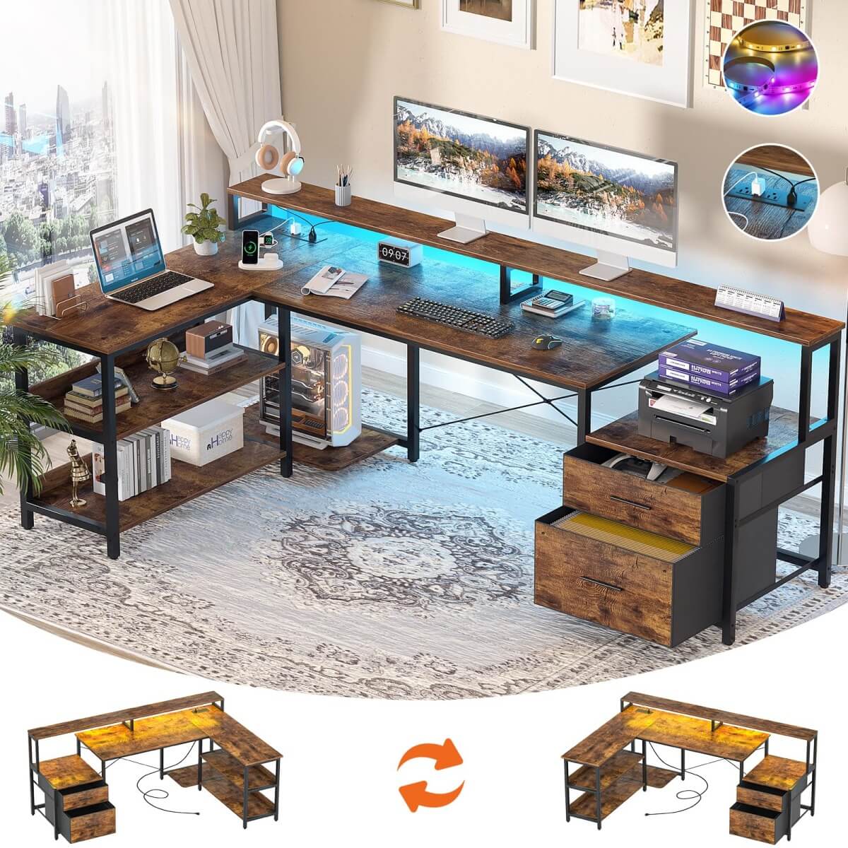 Aheaplus Reversible L Shaped Desk with Outlets & LED Light, with