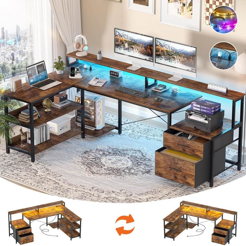 72.8'' Reversible L Shaped Desk with Outlets & LED Light, with File Drawers and Monitor Stand