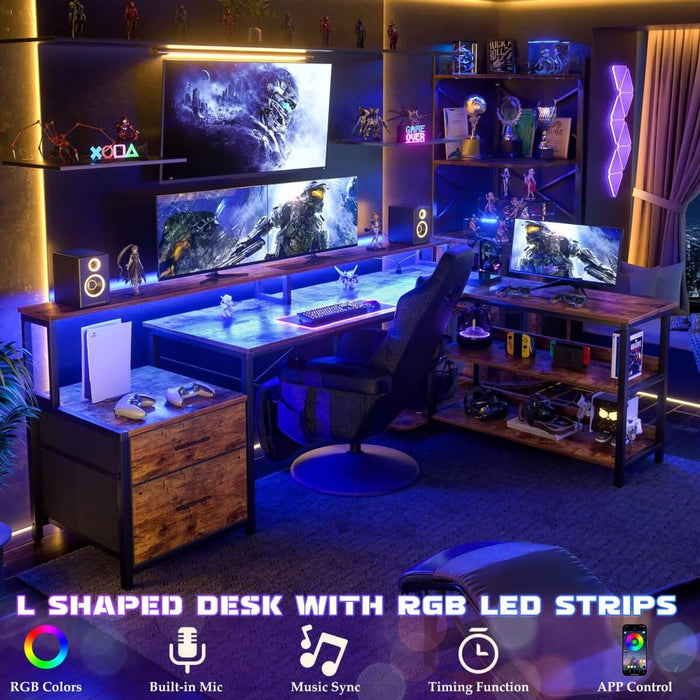 72.8'' Reversible L Shaped Desk with Outlets & LED Light, with File Drawers and Monitor Stand