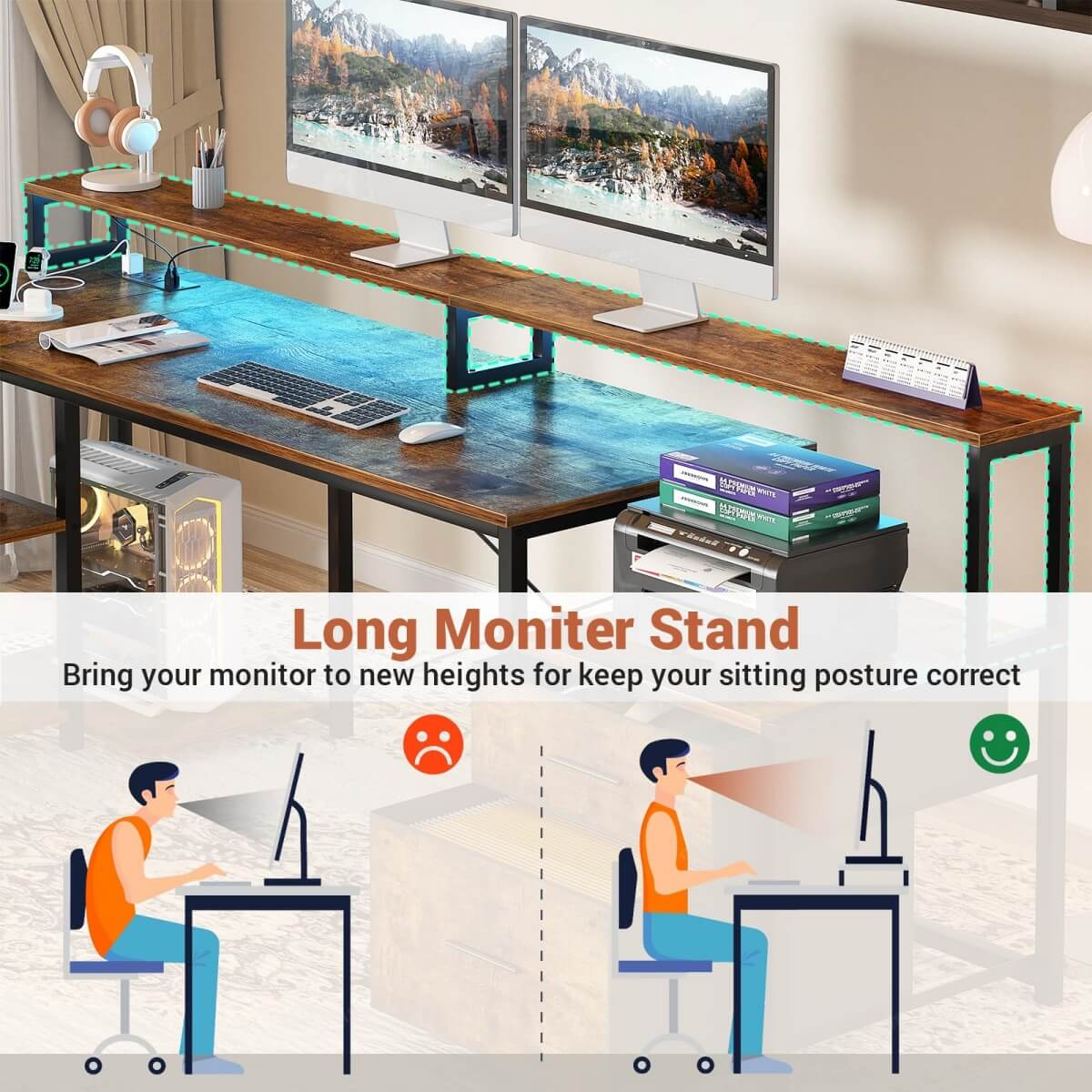 Aheaplus Reversible L Shaped Desk with Outlets & LED Light, with