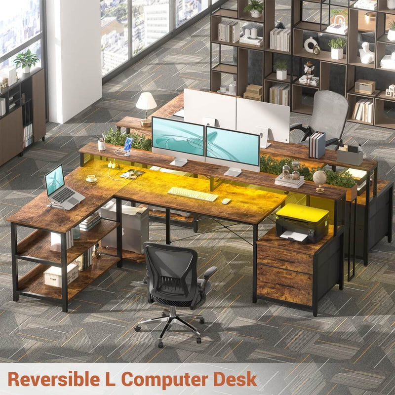 72.8'' Reversible L Shaped Desk with Outlets & LED Light, with File Drawers and Monitor Stand