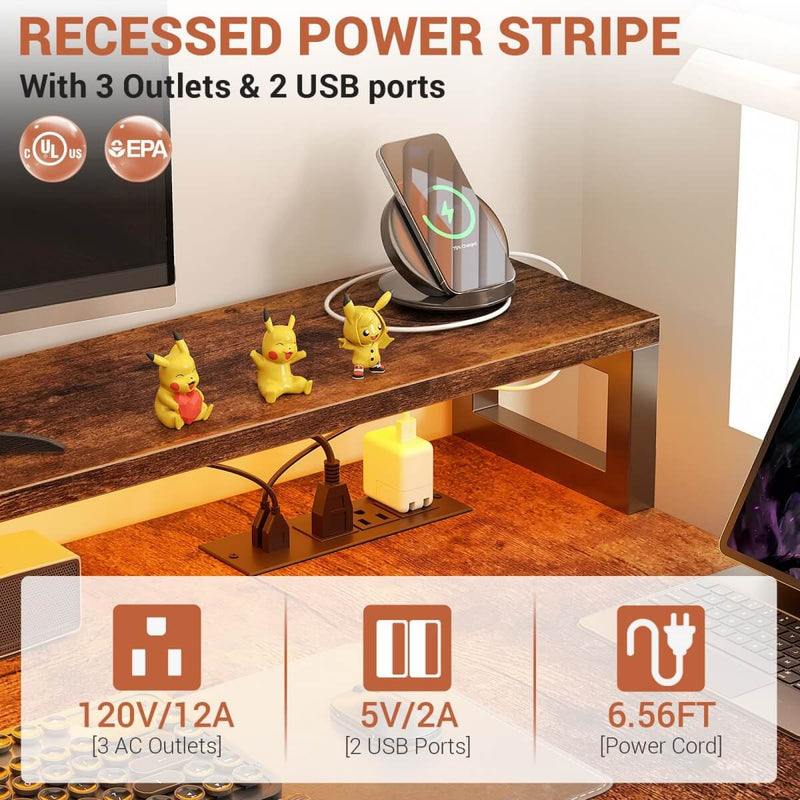 72.8'' Reversible L Shaped Desk with Outlets & LED Light, with File Drawers and Monitor Stand