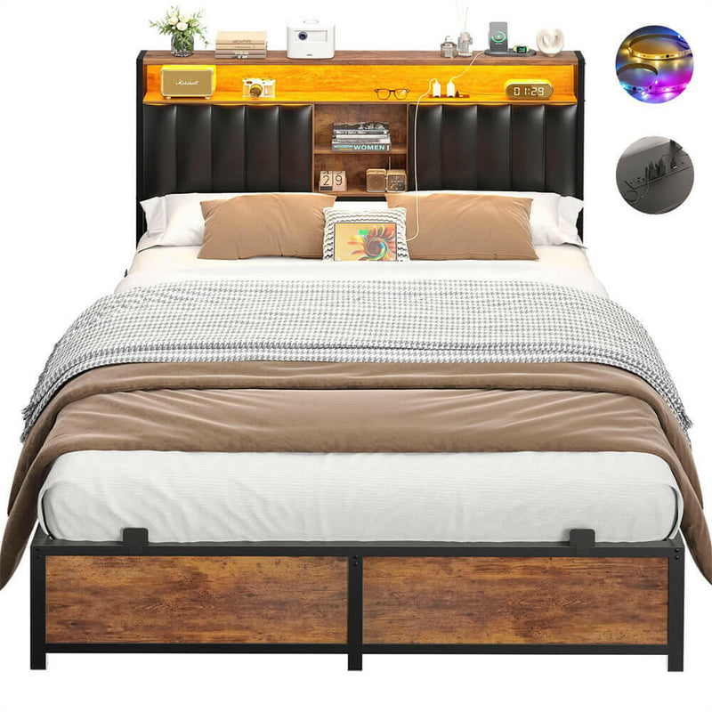 Full Size Bed Frame with Power Outlets & LED Lights, With Open Bookcase Storage