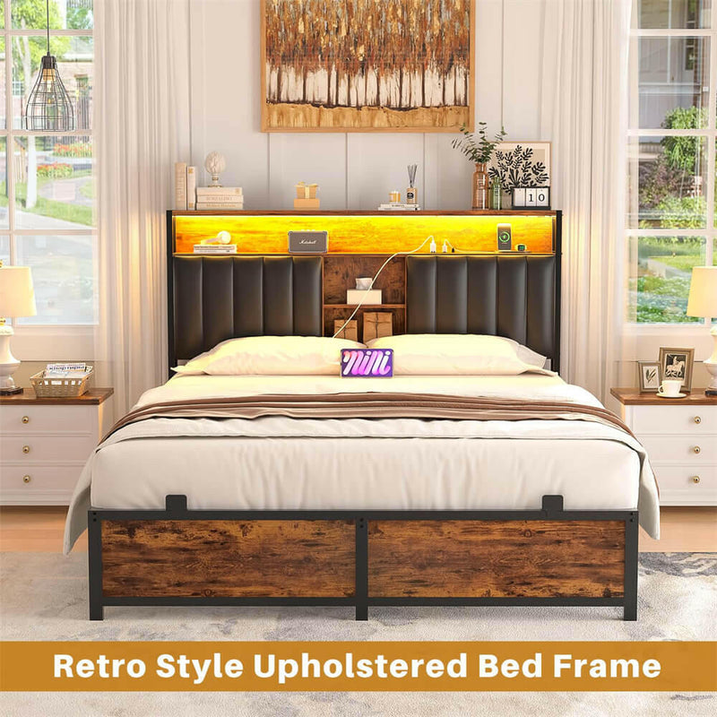 Full Size Bed Frame with Power Outlets & LED Lights, With Open Bookcase Storage