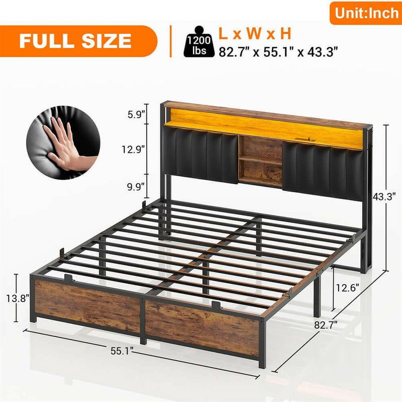 Full Size Bed Frame with Power Outlets & LED Lights, With Open Bookcase Storage