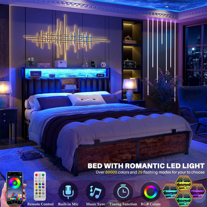 Full Size Bed Frame with Power Outlets & LED Lights, With Open Bookcase Storage