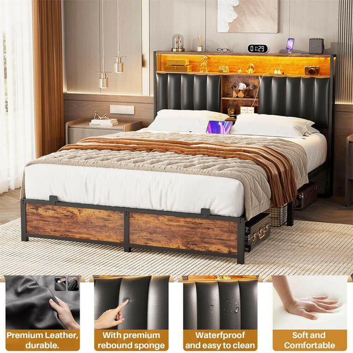 Full Size Bed Frame with Power Outlets & LED Lights, With Open Bookcase Storage